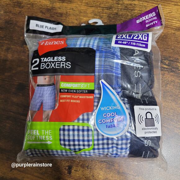 Hanes 2 Pack Tagless Blue Plaid Boxers 2XL Cool Comfort Fabric Wicking NIP - Picture 1 of 2